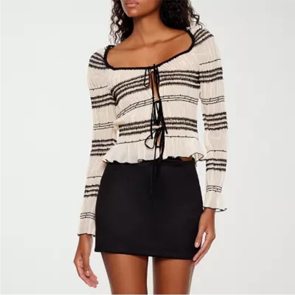 Striped Cream and Black Tie-Front Top